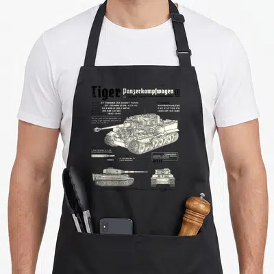 Panzer tiger apron - Grey technical drawing of Tiger tank with white spec text and quotes — shown on a black cotton canvas apron against a white background