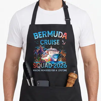 Bermuda cruise family aprons - Watercolor cruise ship with palm trees and text BERMUDA CRUISE SQUAD-2026 MAKING — shown on a black cotton canvas apron against a white background
