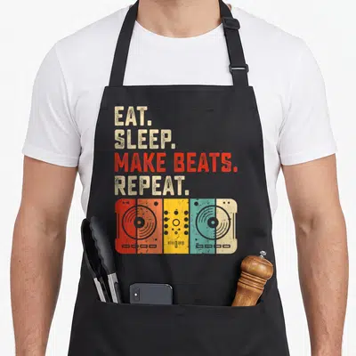Eat makers apron - Retro boombox with vertical red orange yellow blue beige bands under stacked text — shown on a black cotton canvas apron against a white background