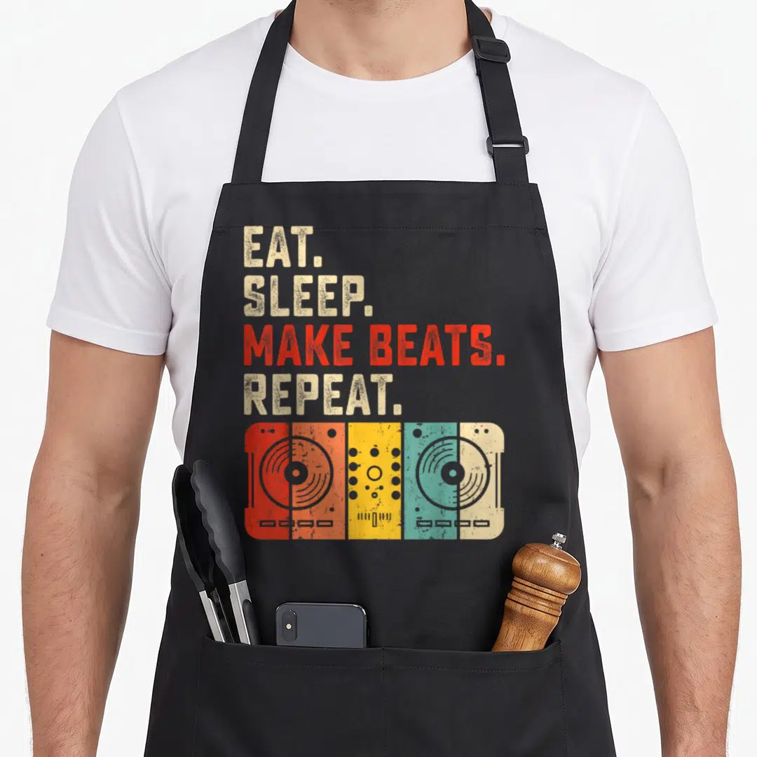 Eat makers apron - Retro boombox with vertical red orange yellow blue beige bands under stacked text — shown on a black cotton canvas apron against a white background