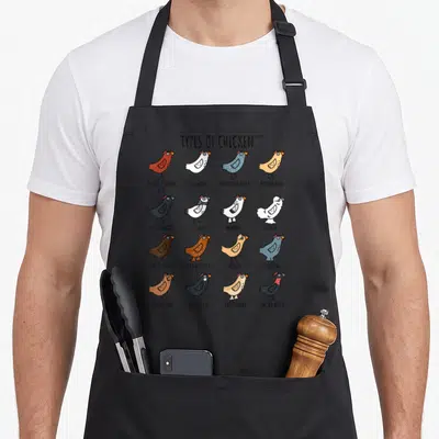 Leghorn chicken with apron - Cartoon grid of 16 chicken breeds including Rhode Island Red, Silkie, and Naked Neck — shown on a black cotton canvas apron against a white background