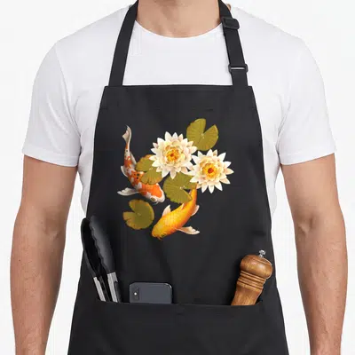 Butterfly japan apron - Two koi fish and two lotus flowers with four lily pads in orange white green and yellow — shown on a black cotton canvas apron against a white background
