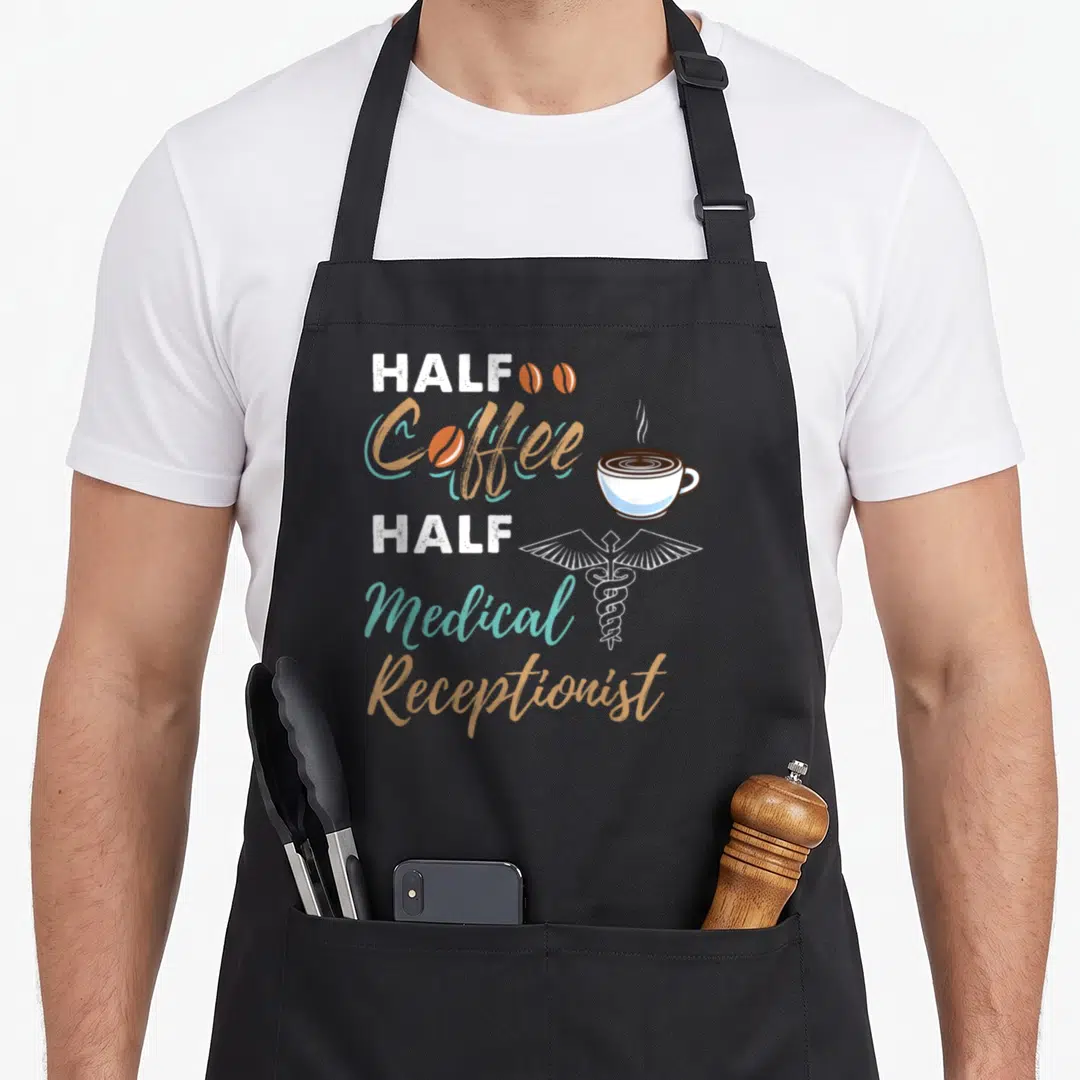 Medical coffee apron - Half Coffee Half Medical Receptionist text with teal script, brown cup, and white caduceus symbol — shown on a black cotton canvas apron against a white background
