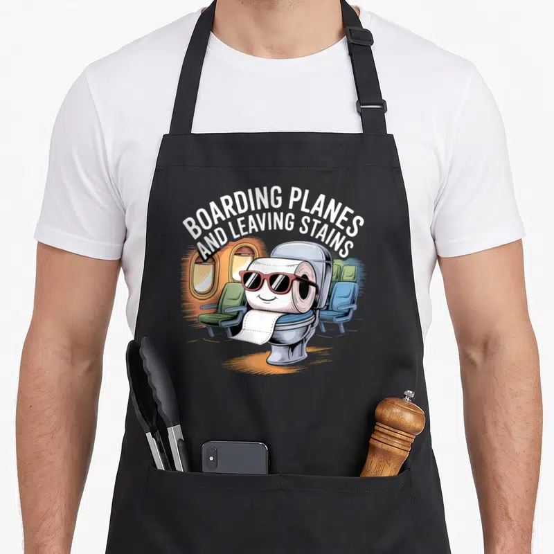 Plane boarding apron - Toilet paper roll wearing sunglasses inside a toilet with arched text BOARDING PLANES — shown on a black cotton canvas apron against a white background