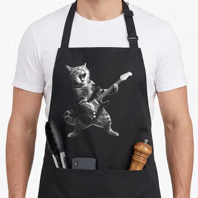 Roll cute cat apron - Realistic grey and white cat playing electric guitar and roaring — shown on a black cotton canvas apron against a white background