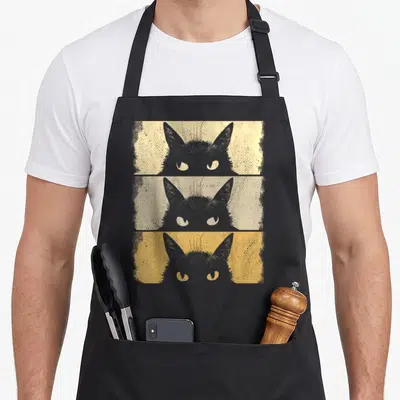 Vintage kitten grumpy cat apron - Three stacked black cat heads on grey, beige, and yellow distressed rectangular — shown on a black cotton canvas apron against a white background