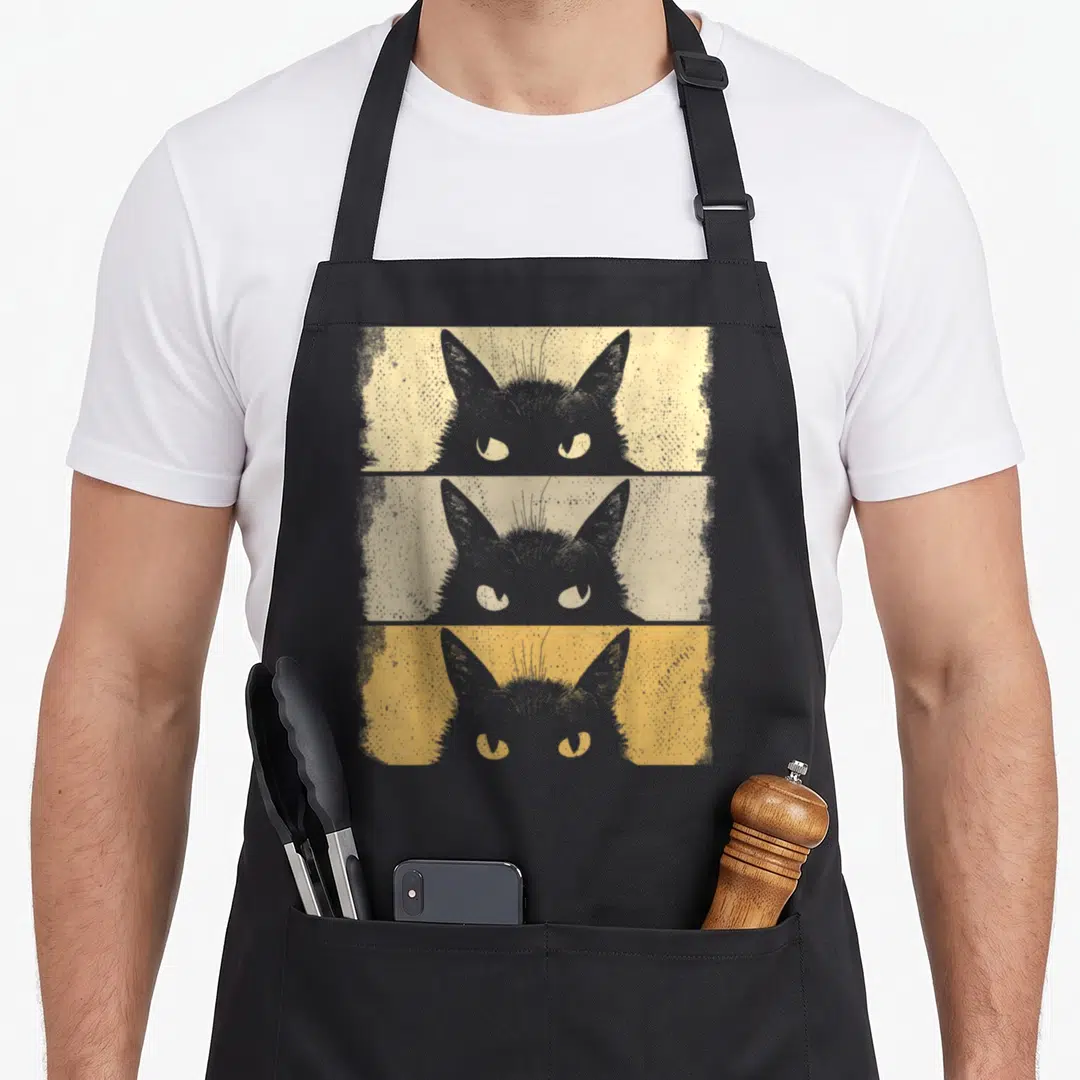 Vintage kitten grumpy cat apron - Three stacked black cat heads on grey, beige, and yellow distressed rectangular — shown on a black cotton canvas apron against a white background