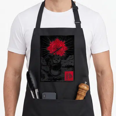 Kung master apron - Po the panda holding a sword under a red sun with a white character in a red square — shown on a black cotton canvas apron against a white background