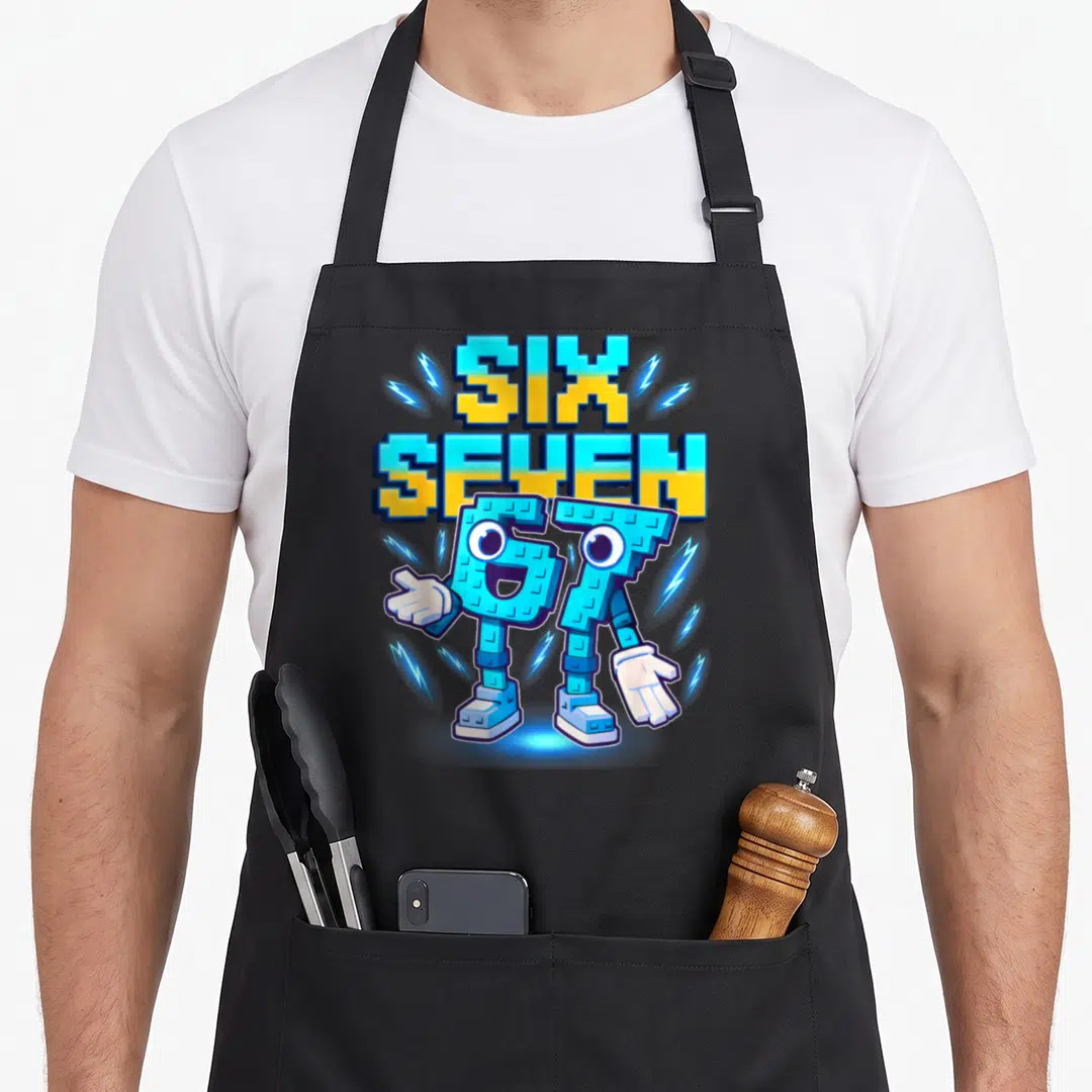 Six italian apron - Pixel art 67 character with eyes arms legs blue yellow lightning bolts SIX SEVEN text — shown on a black cotton canvas apron against a white background