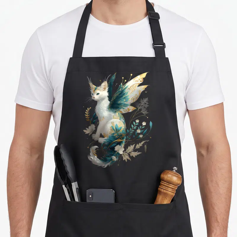 Majestic cat apron - Winged white cat with teal and gold wings surrounded by foliage and small white flowers — shown on a black cotton canvas apron against a white background