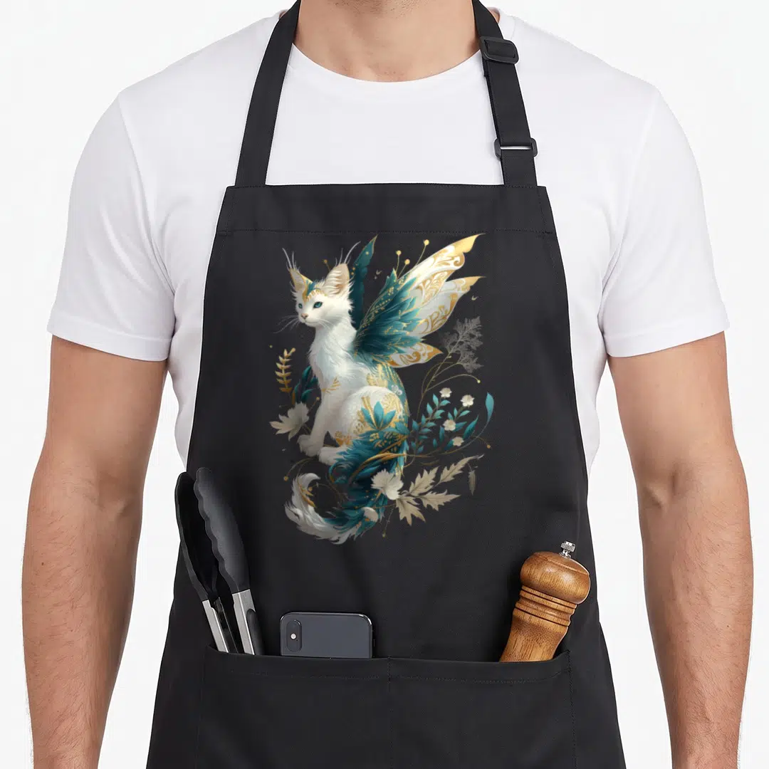 Majestic cat apron - Winged white cat with teal and gold wings surrounded by foliage and small white flowers — shown on a black cotton canvas apron against a white background