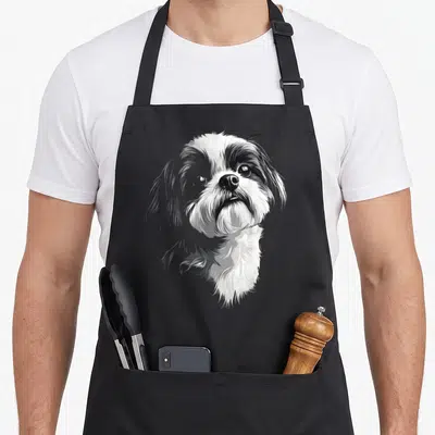 Motif dog apron - Realistic Shih Tzu head portrait in white black and grey ink on a black background — shown on a black cotton canvas apron against a white background
