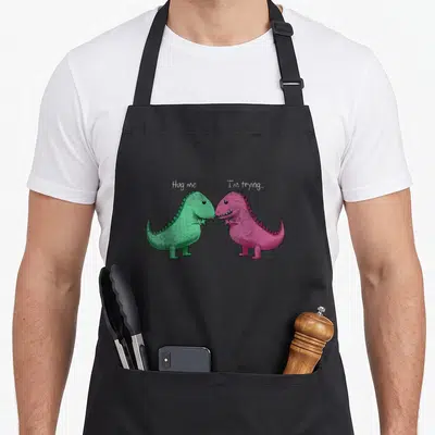 Hug dinosaur apron - Two facing cartoon dinosaurs in green and pink with text 'Hug me, I'm trying...' — shown on a black cotton canvas apron against a white background