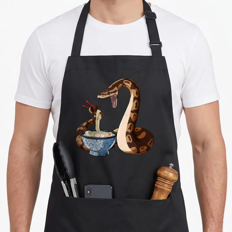 Snake anime apron - Cartoon brown python holding red chopsticks lifting noodles from a blue bowl — shown on a black cotton canvas apron against a white background