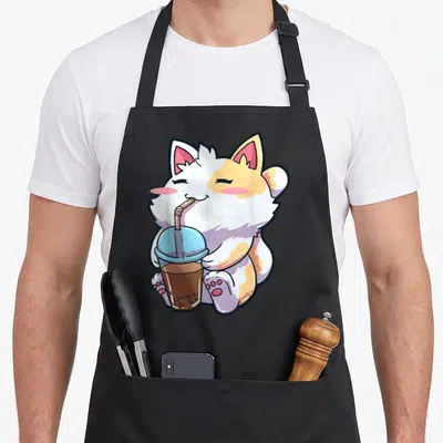 Boba cat apron - Cartoon calico cat sitting and drinking bubble tea with blue lid and brown straw — shown on a black cotton canvas apron against a white background