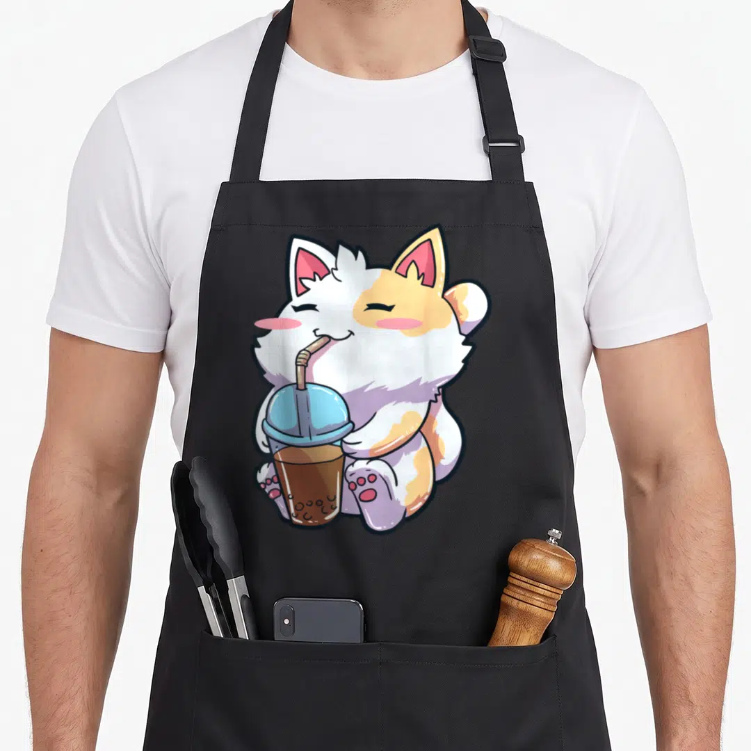 Boba cat apron - Cartoon calico cat sitting and drinking bubble tea with blue lid and brown straw — shown on a black cotton canvas apron against a white background