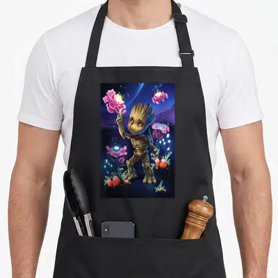Guardian plant apron - Baby Groot pointing at pink flower among alien plants in cosmic blue and purple setting — shown on a black cotton canvas apron against a white background