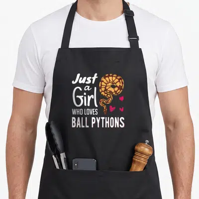 Ball snake apron - Coiled brown and yellow snake next to white text and three pink hearts — shown on a black cotton canvas apron against a white background