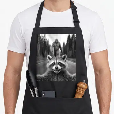 Scared bigfoot apron - Black and white photo of a smiling raccoon with a blurry Bigfoot walking down a road — shown on a black cotton canvas apron against a white background