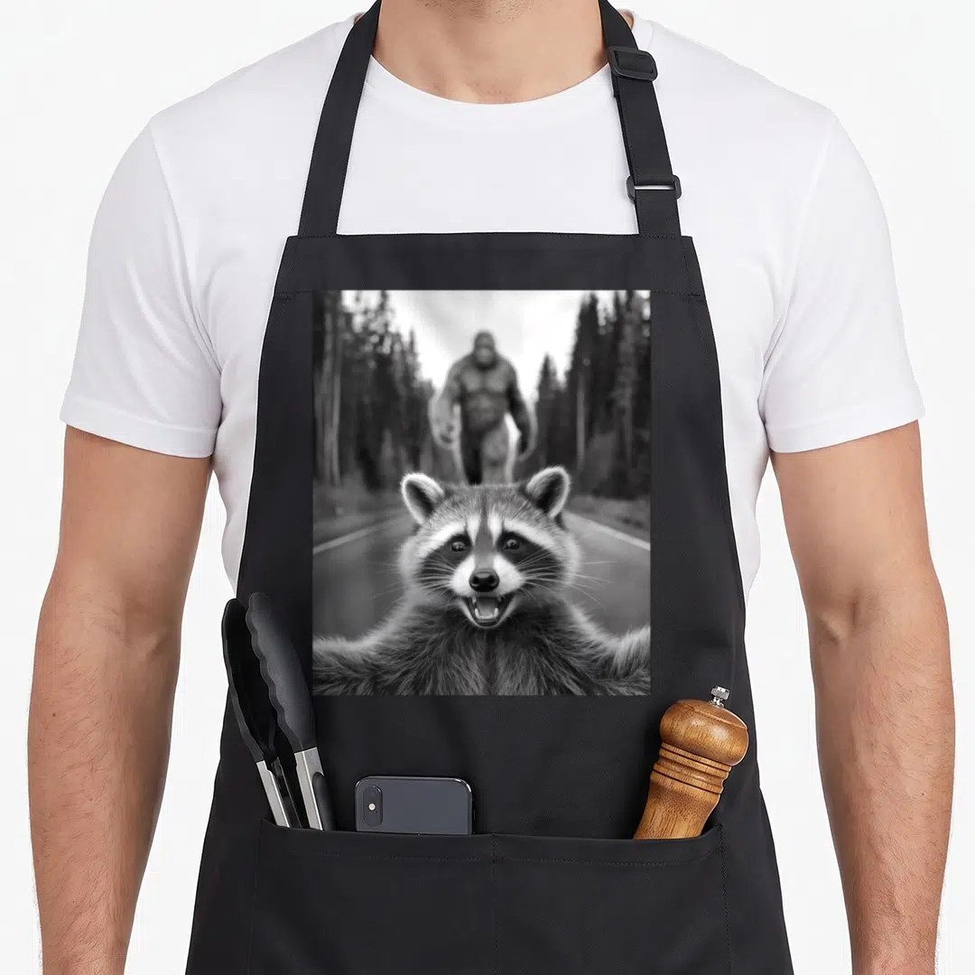 Scared bigfoot apron - Black and white photo of a smiling raccoon with a blurry Bigfoot walking down a road — shown on a black cotton canvas apron against a white background