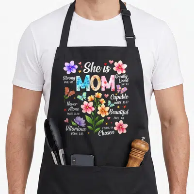 She strong mother's day aprons - Watercolor floral MOM with Bible verses Strong Capable Chosen Butterflies Hearts Stars — shown on a black cotton canvas apron against a white background