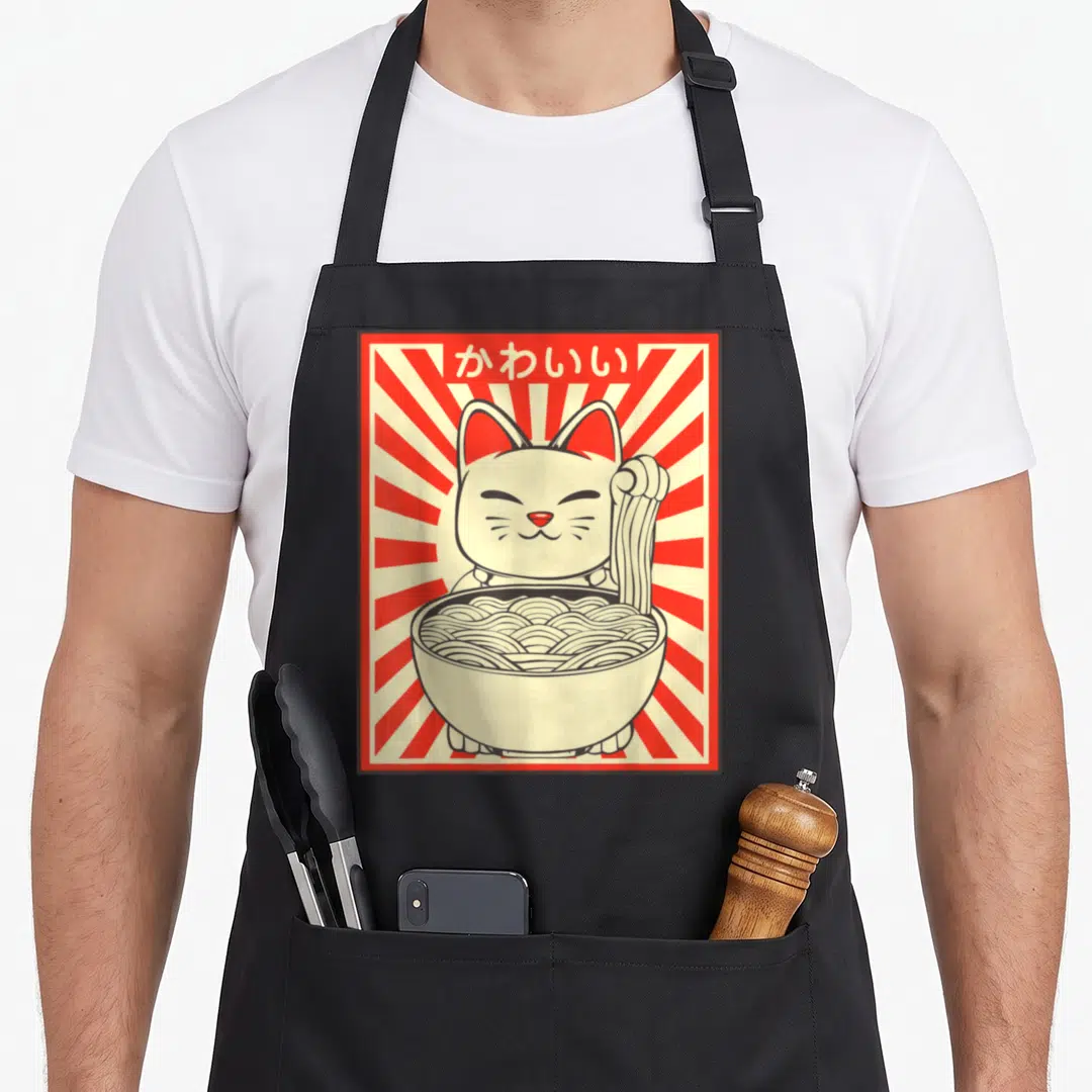 Culture cat apron - Cartoon cat holding noodle bowl under Japanese text on red and cream sunburst — shown on a black cotton canvas apron against a white background