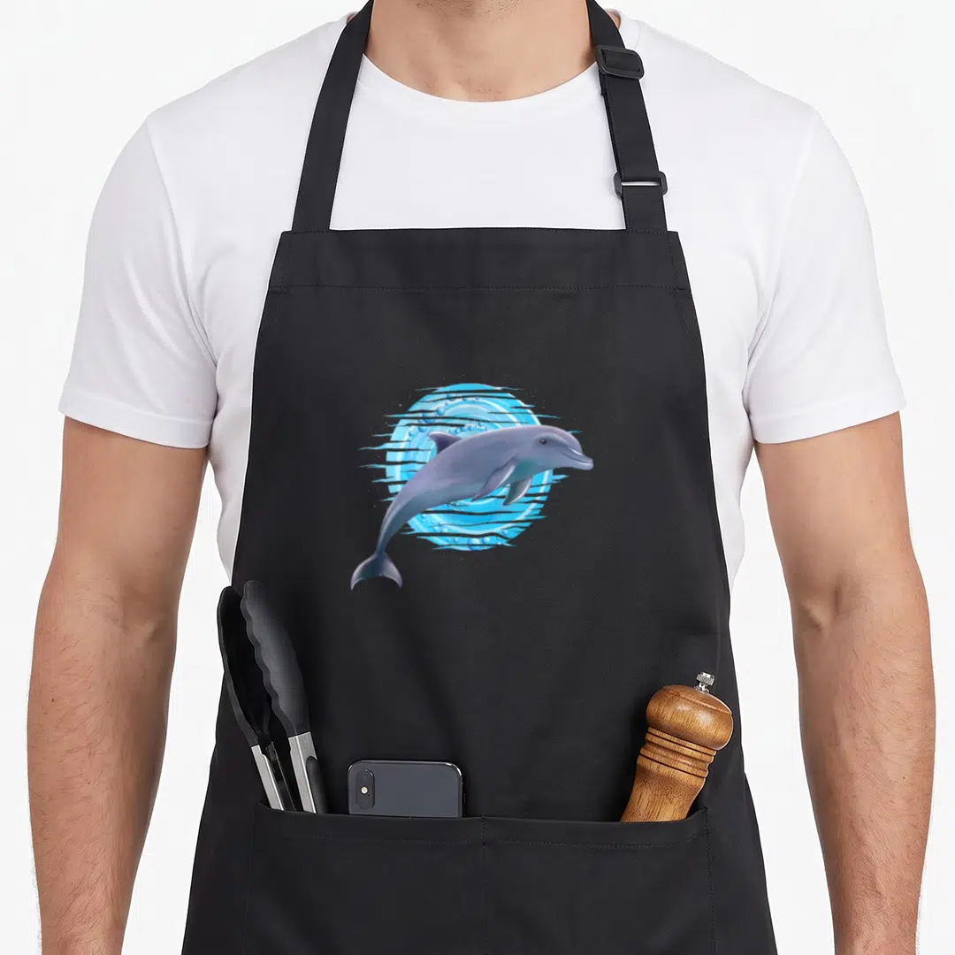 Dolphin snorkeling apron - Cartoon grey dolphin leaping over blue circular water swirls and bubbles — shown on a black cotton canvas apron against a white background