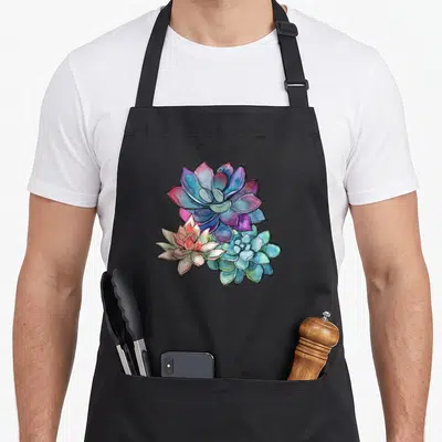 Succulent beautiful apron - Watercolor illustration of three succulents in purple, blue, pink, and green hues — shown on a black cotton canvas apron against a white background
