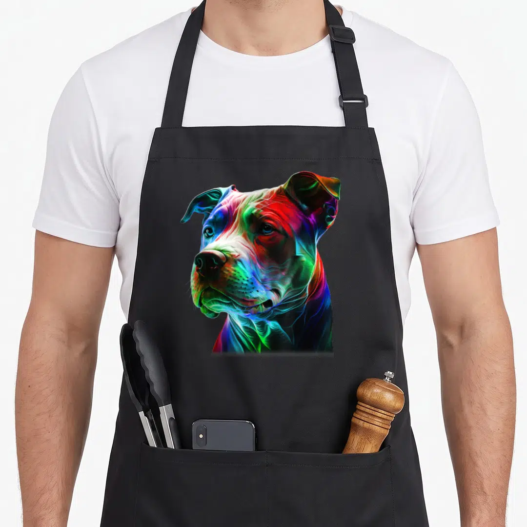 Beauty dog apron - Realistic colorful pit bull head and shoulders in red blue green yellow purple — shown on a black cotton canvas apron against a white background