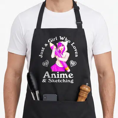 Cute hobby anime apron - Anime girl holding giant pink pencil with Just a Girl Who Loves Anime & Sketching text and two — shown on a black cotton canvas apron against a white background