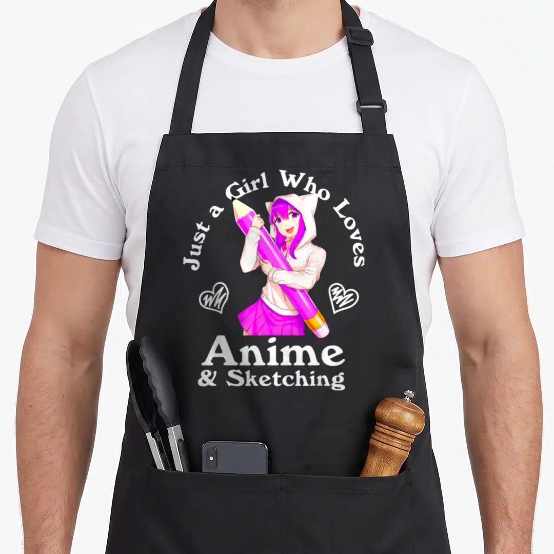 Cute hobby anime apron - Anime girl holding giant pink pencil with Just a Girl Who Loves Anime & Sketching text and two — shown on a black cotton canvas apron against a white background