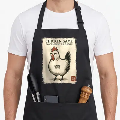 Japanese chicken apron - Grumpy white chicken with GAME OVER text and red kanji stamp on distressed beige background — shown on a black cotton canvas apron against a white background