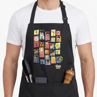 Loud colorful aprons - Grid of cartoon characters in yellow blue pink orange white rectangles with logo — shown on a black cotton canvas apron against a white background