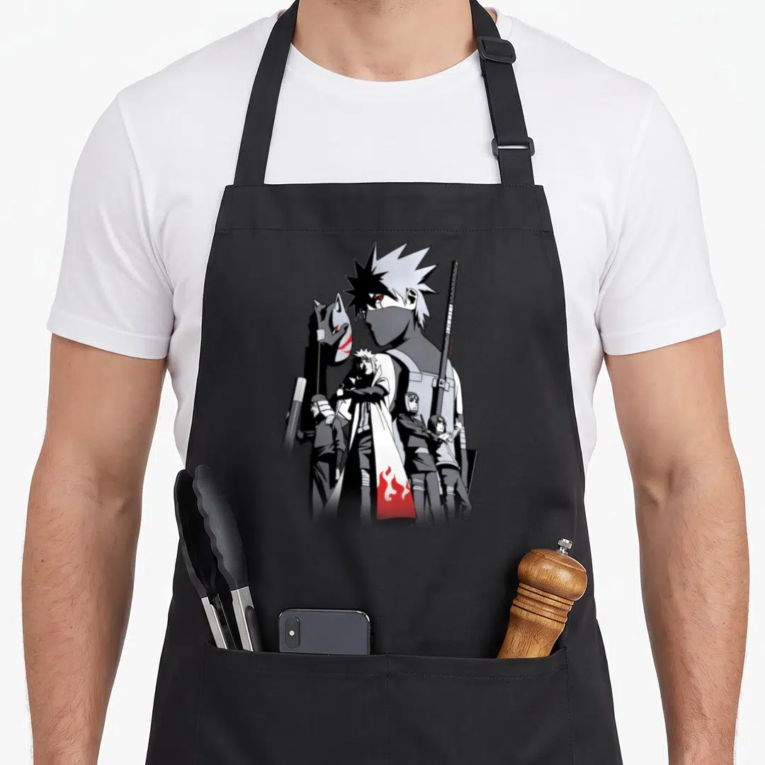 Shippuden story of the apron - Large ninja holding a mask with three smaller figures in grey white black and red — shown on a black cotton canvas apron against a white background