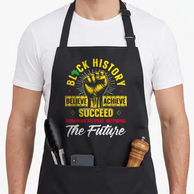 Honoring future history apron - Raised yellow fist with BLACK HISTORY BELIEVE ACHIEVE SUCCEED text and African map — shown on a black cotton canvas apron against a white background