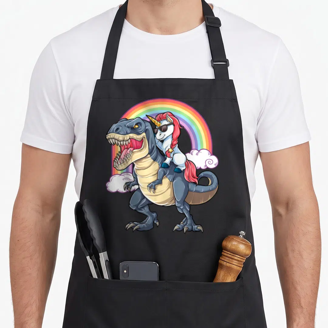 Riding rex dinosaur apron - Cartoon T-Rex carries sunglasses-wearing unicorn under rainbow with white clouds in blue — shown on a black cotton canvas apron against a white background