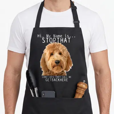 Stop goldendoodle apron - Photo-style tan dog head with Hi My Name Is Stop That text — shown on a black cotton canvas apron against a white background