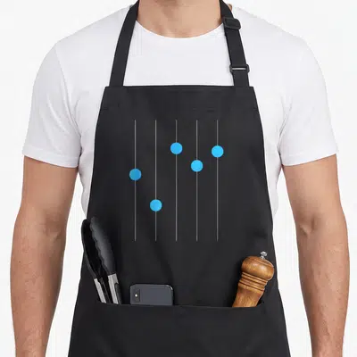 Equalizer electronics apron - Five vertical white lines with blue circular knobs at different heights on a grey — shown on a black cotton canvas apron against a white background