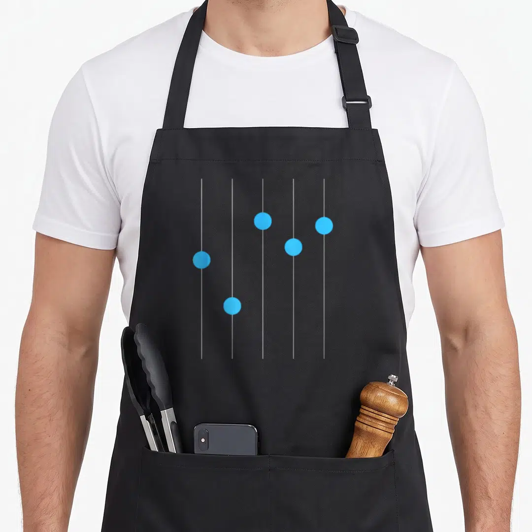 Equalizer electronics apron - Five vertical white lines with blue circular knobs at different heights on a grey — shown on a black cotton canvas apron against a white background