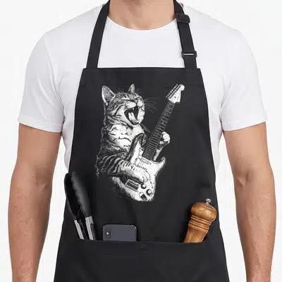 Playing guitar cute cat apron - White line art of a screaming tabby cat playing an electric guitar — shown on a black cotton canvas apron against a white background