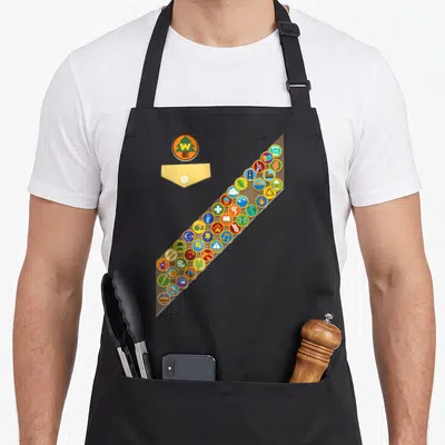 Badge halloween apron - Cartoon merit badge sash with WE logo and colorful circular icons on black bib — shown on a black cotton canvas apron against a white background