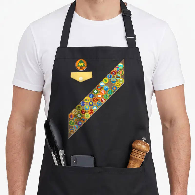 Badge halloween apron - Cartoon merit badge sash with WE logo and colorful circular icons on black bib — shown on a black cotton canvas apron against a white background