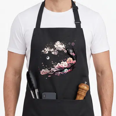 Garden cherry print apron - Black tree and white moon surrounded by pink and white cherry blossoms — shown on a black cotton canvas apron against a white background