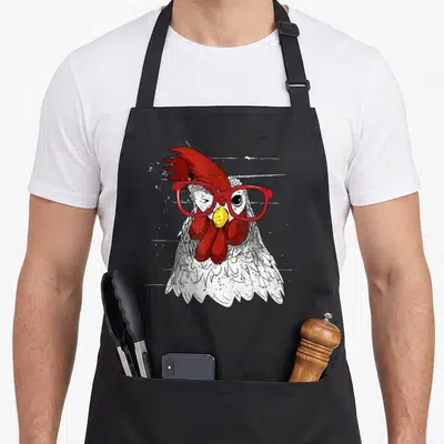 Whisperer animal chicken apron - White cartoon chicken wearing red glasses and winking with yellow beak — shown on a black cotton canvas apron against a white background