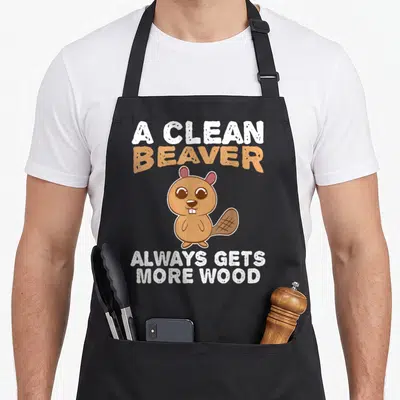 Dirty beaver apron - Cartoon brown beaver between white and tan text reading A CLEAN BEAVER ALWAYS GETS MORE WOOD — shown on a black cotton canvas apron against a white background