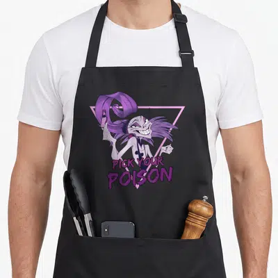 Yzma novelty apron - Cartoon monster in purple triangle holds poison bottle below stacked PICK YOUR POISON text — shown on a black cotton canvas apron against a white background