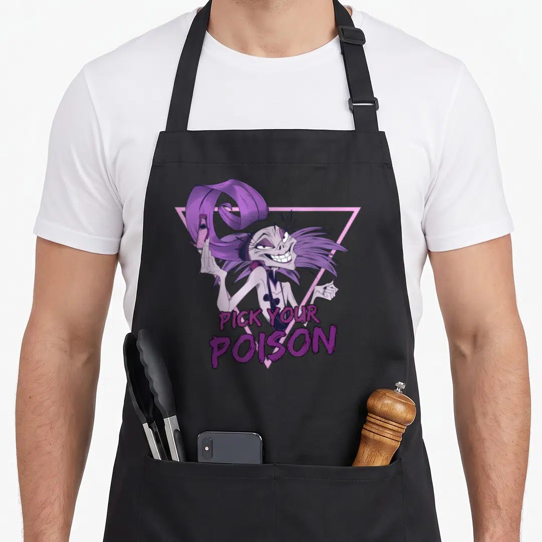Yzma novelty apron - Cartoon monster in purple triangle holds poison bottle below stacked PICK YOUR POISON text — shown on a black cotton canvas apron against a white background