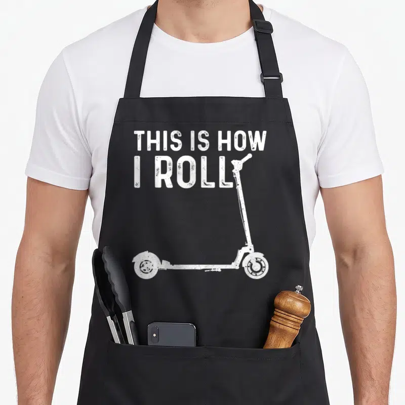 Enthusiast scooter apron - White distressed text This Is How I Roll above a scooter silhouette — shown on a black cotton canvas apron against a white background