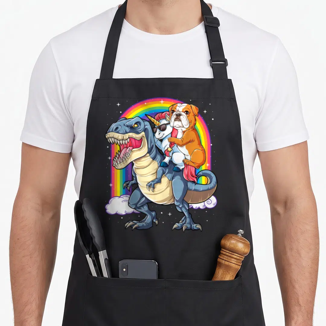 Unicorn english chef aprons - Bulldog rides unicorn atop blue T-Rex under rainbow with stars — shown on a black cotton canvas apron against a white background
