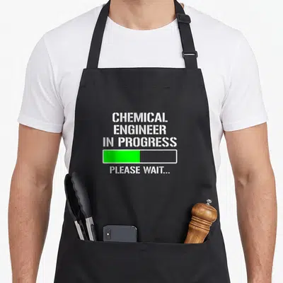 Engineer chemical apron - Stacked white text reading CHEMICAL ENGINEER IN PROGRESS above a green loading bar — shown on a black cotton canvas apron against a white background